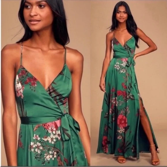 Lulus | Dresses | Emerald Green Floral Print Backless Satin Maxi Dress |  Poshmark